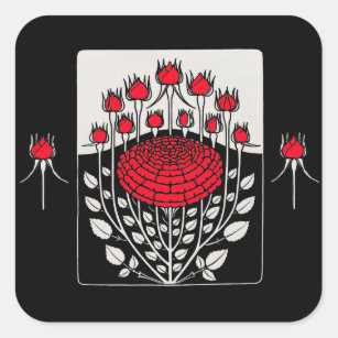 BLACK WHITE RED ROSES ,ROSEBUDS Art Nouveau Floral Square Sticker