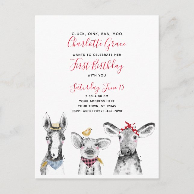 Black White Red Script Farm Birthday Invitation (Front)