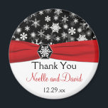 Black, White, Red Snowflakes Wedding Favour Magnet<br><div class="desc">This black and white snowflakes wedding favour thank you magnet with FAUX red ribbon and snowflake medallion matches the wedding invitation shown below. All the text is customizable, and you can change the size and shape. If you require any other matching items in this design, please email your request to...</div>