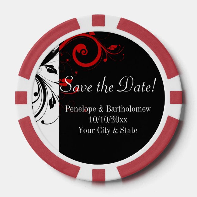 Black, White, Red Swirl Wedding Save the Date Poker Chips (Front)