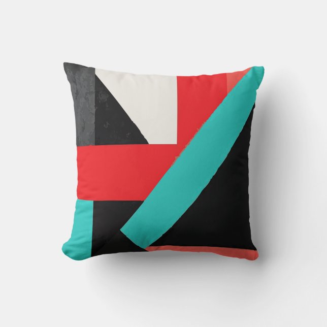 Black, White, Red & Teal Abstract Shapes Throw Pillow (Front)