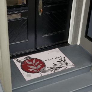Black White & Red Watercolor Leaves Welcome Doormat