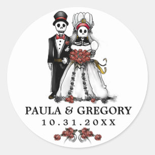 Black & White Red Wedding Skeletons Round Classic Round Sticker