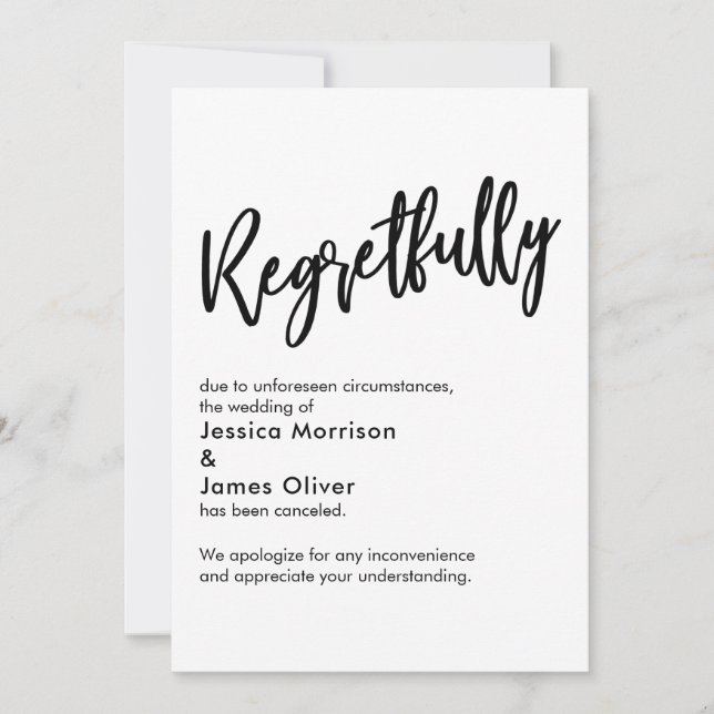 Black White Regretfully Cancelled Wedding Card (Front)