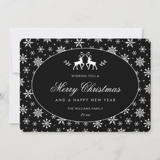 Black White Reindeer Snowflakes Holiday Card (Front)