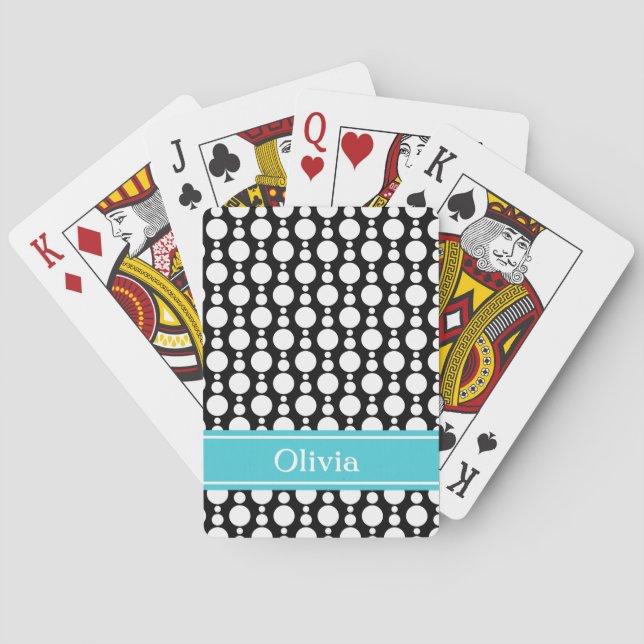 Black & White Retro Circles Pattern w/ Aqua Band Playing Cards (Back)