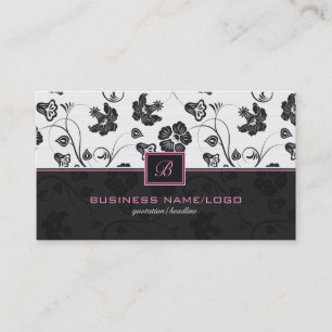 Black & White Retro Flowers Pattern Monogramed Business Card