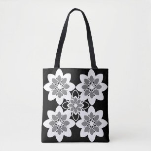 Black white retro graphic floral  tote bag