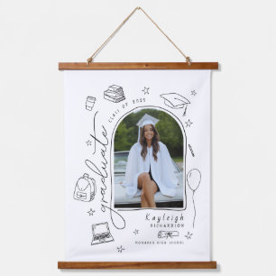 Black White Retro Hand Drawn Photo Graduation  Hanging Tapestry