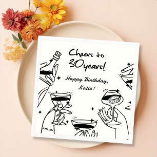 Black White Retro Handdraw Funky Cocktail Birthday Napkin