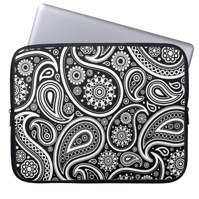 Black & White Retro Paisley Pattern Laptop Sleeve (Front)