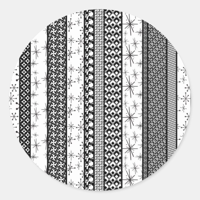 Black & White Retro Pattern Stripes 1 Classic Round Sticker (Front)