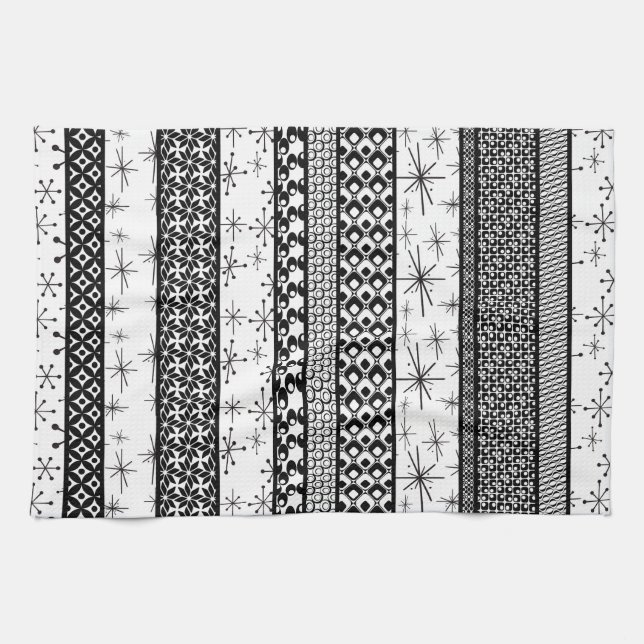 Black & White Retro Pattern Stripes 1 Kitchen Towel (Horizontal)