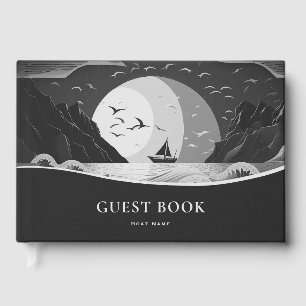 Black White Retro Sailing Boat Guest Book