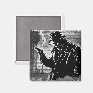 Black White Retro Style Gritty Urban Detective Magnet