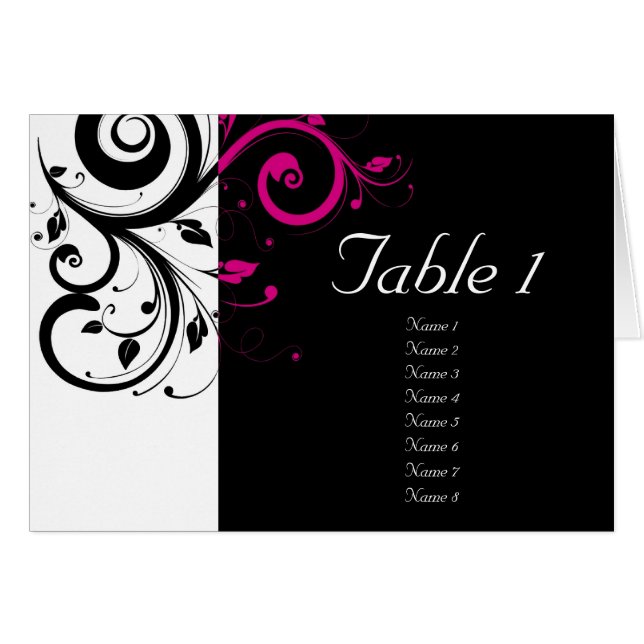 Black + White Reverse Magenta Swirl Table Cards (Front Horizontal)