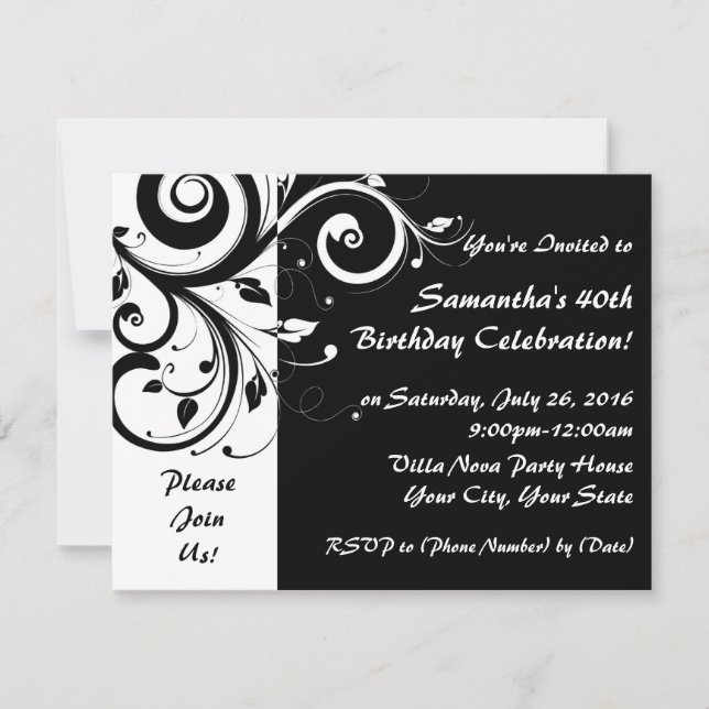 Black+White Reverse Swirl 40th Party Invitations (Front)