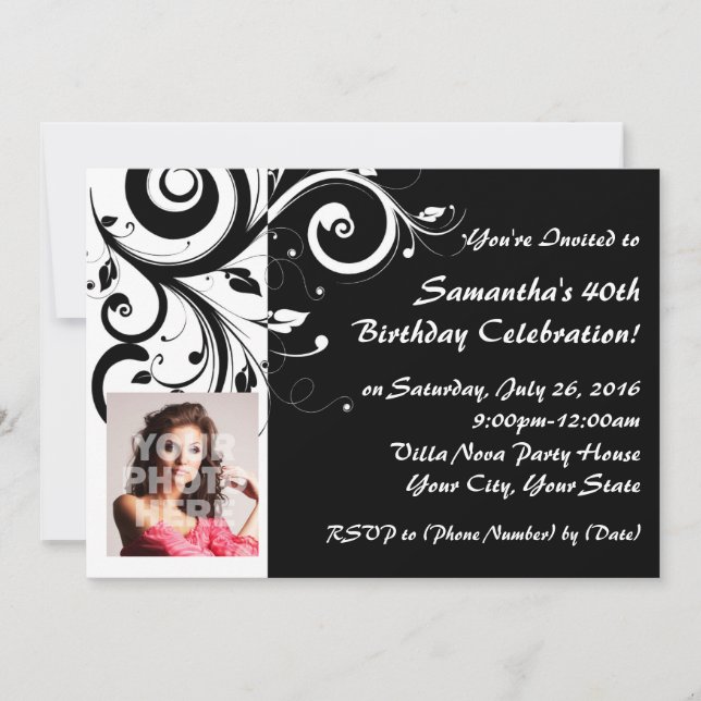 Black+White Reverse Swirl 40th Photo Invitations (Front)