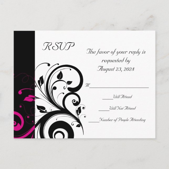 Black +White Reverse Swirl Wedding RSVP Postcard (Front)