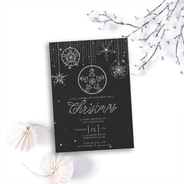 Black White Rhinestones Glitter Elegant Christmas Invitation (rhinestones glitter christmas party invitation baubles snowflakes formal black white elegant classy )