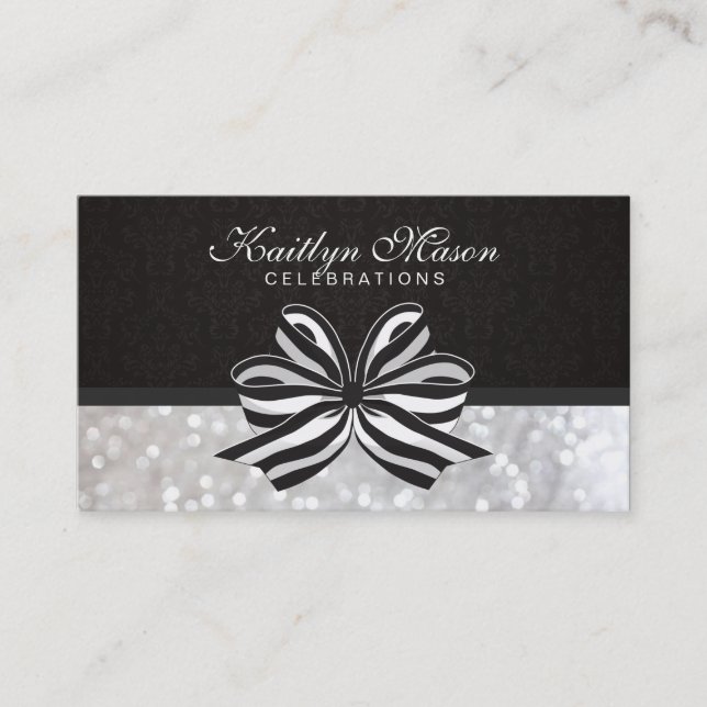 Black White Ribbon / Damask / Bokeh Business Card (Front)