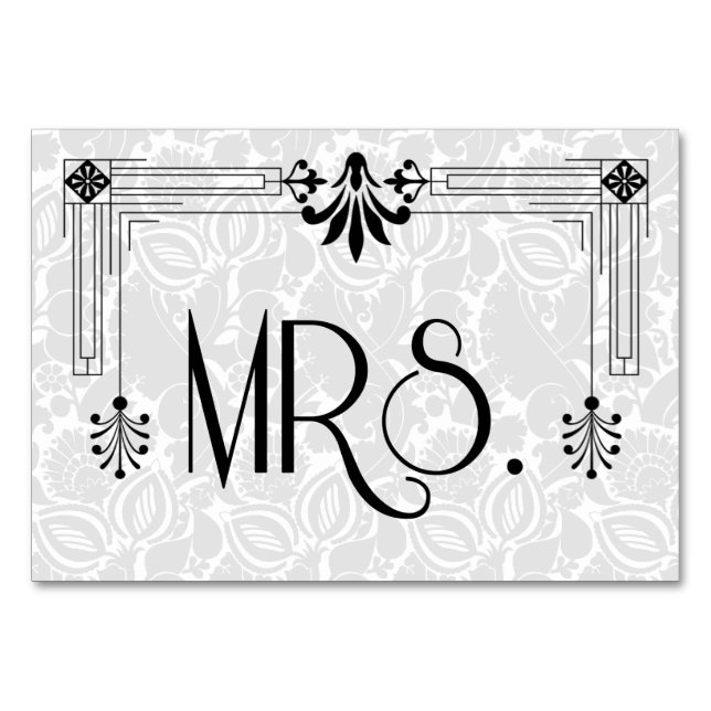 Black White Roaring 20s Art Deco Wedding Mrs. Table Number (Front)