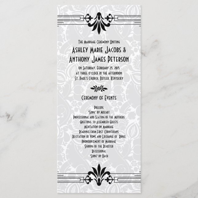 Black White Roaring 20s Art Deco Wedding Program (Front)