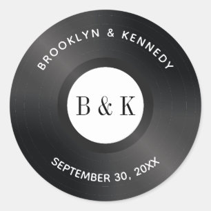 Black White Rock N Roll Monogram Name Vinyl Record Classic Round Sticker