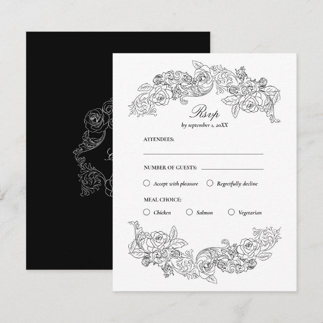 Black & White Rococo Meal Choice RSVP Card (Devant / Derrière)