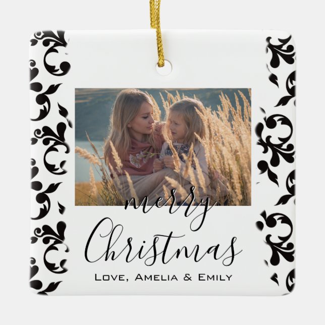 Black White Rococo Merry Christmas Script Photo Ceramic Ornament (Front)
