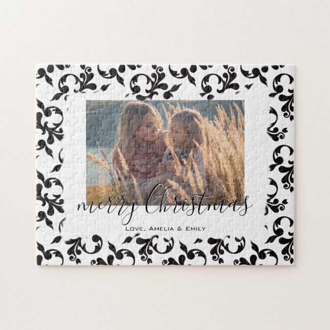 Black White Rococo Merry Christmas Script Photo Jigsaw Puzzle (Horizontal)