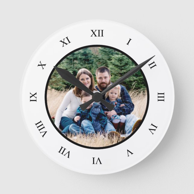 Black White Roman Numbers Custom Photo Round Clock (Front)