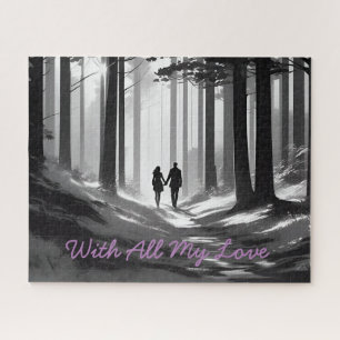 Black & White Romance Couple Silhouette in Forest Jigsaw Puzzle
