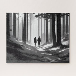 Black & White Romantic Couple Walk in the Woods Jigsaw Puzzle