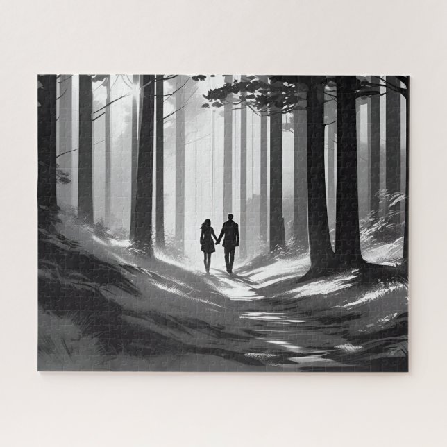 Black & White Romantic Couple Walk in the Woods Jigsaw Puzzle (Horizontal)