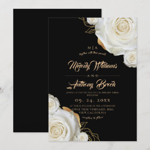 Black White Rose and Gold Elegant Floral Wedding Invitation