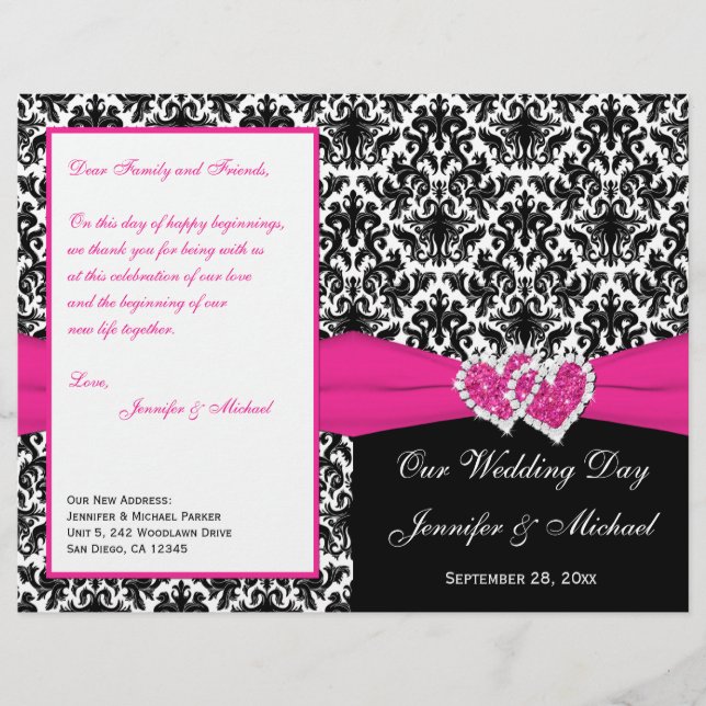 Black White Rose Damask Hearts Programme de mariag (Devant)