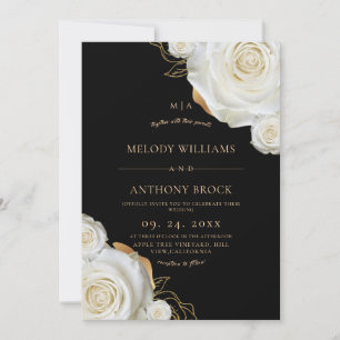Black White Rose Elegant Floral Wedding Invitation