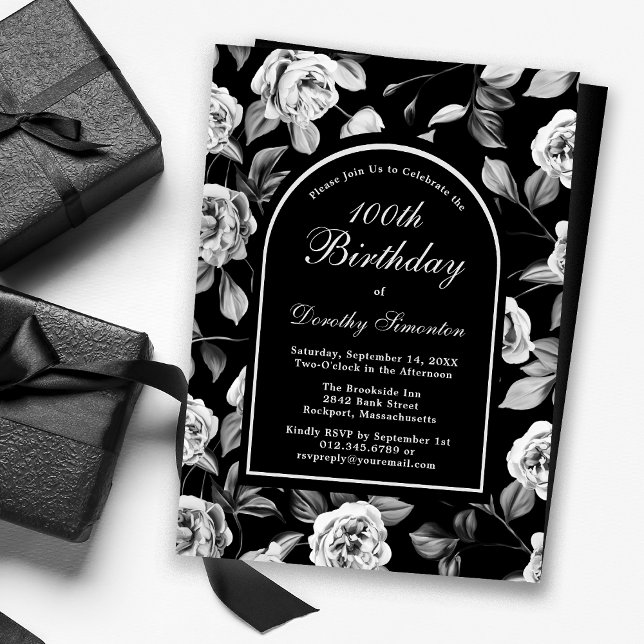 Black White Rose Floral Arch 100th Birthday Invitation (Creator Uploaded)
