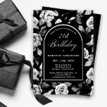 Black White Rose Floral Arch 21st Birthday Invitation<br><div class="desc">Very elegant black and white rose floral pattern creates a 21st birthday invitation template. White text and calligraphy are framed by a black arch edged in white. Available in cardstock or as a digital download. This item is part of the Black and White Rose Floral Collection. it contains templates to...</div>