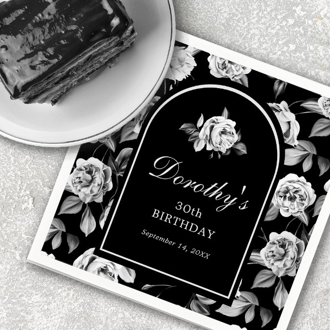 Black White Rose Floral Arch 30th Birthday Party Napkin (Creator Uploaded)