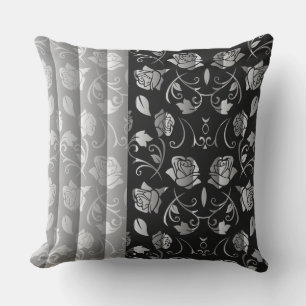 Black & White Rose Floral Panels Throw Pillow