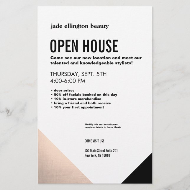 Black White,  Rose Gold Hair Salon Open House Flyer (Front)