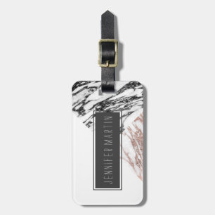 Black White Rose Gold Marble Geometric Triangles Luggage Tag