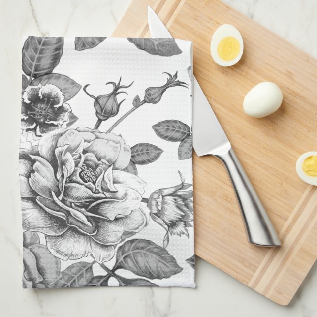 Black & White Rose Pattern Kitchen Towels (Quarter Fold)