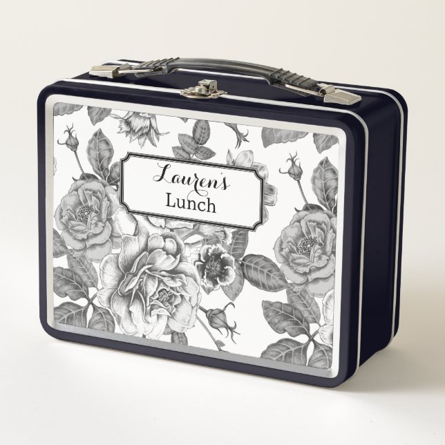 Black & White Rose Pattern Metal Lunchbox (Front)