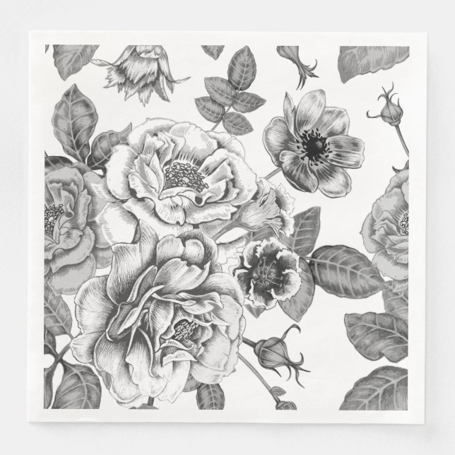 Black & White Rose Pattern Paper Napkin (Front)