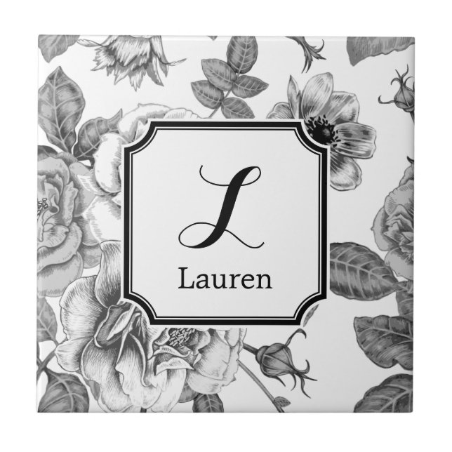 Black & White Rose Pattern Tile (Front)