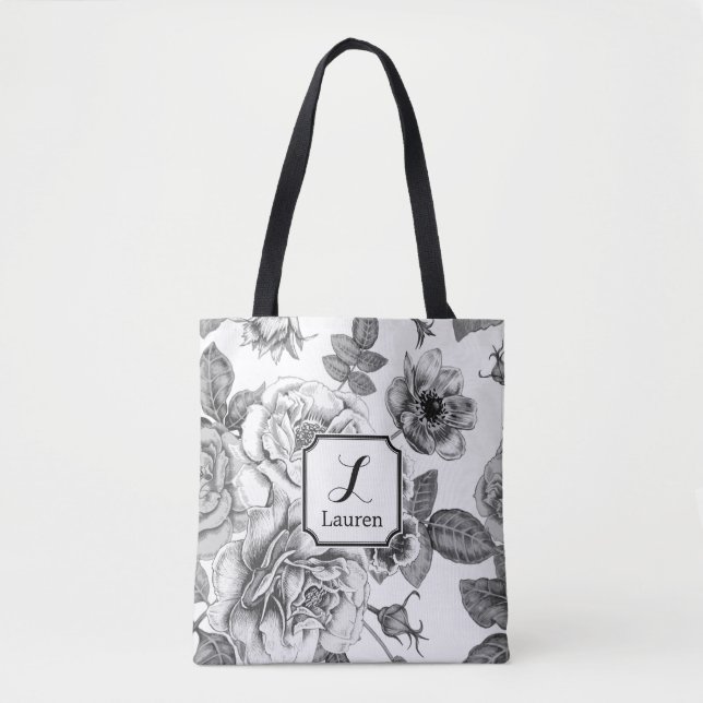 Black & White Rose Pattern  Tote Bag (Front)
