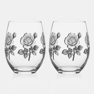 Black & white rose stemless wine glass